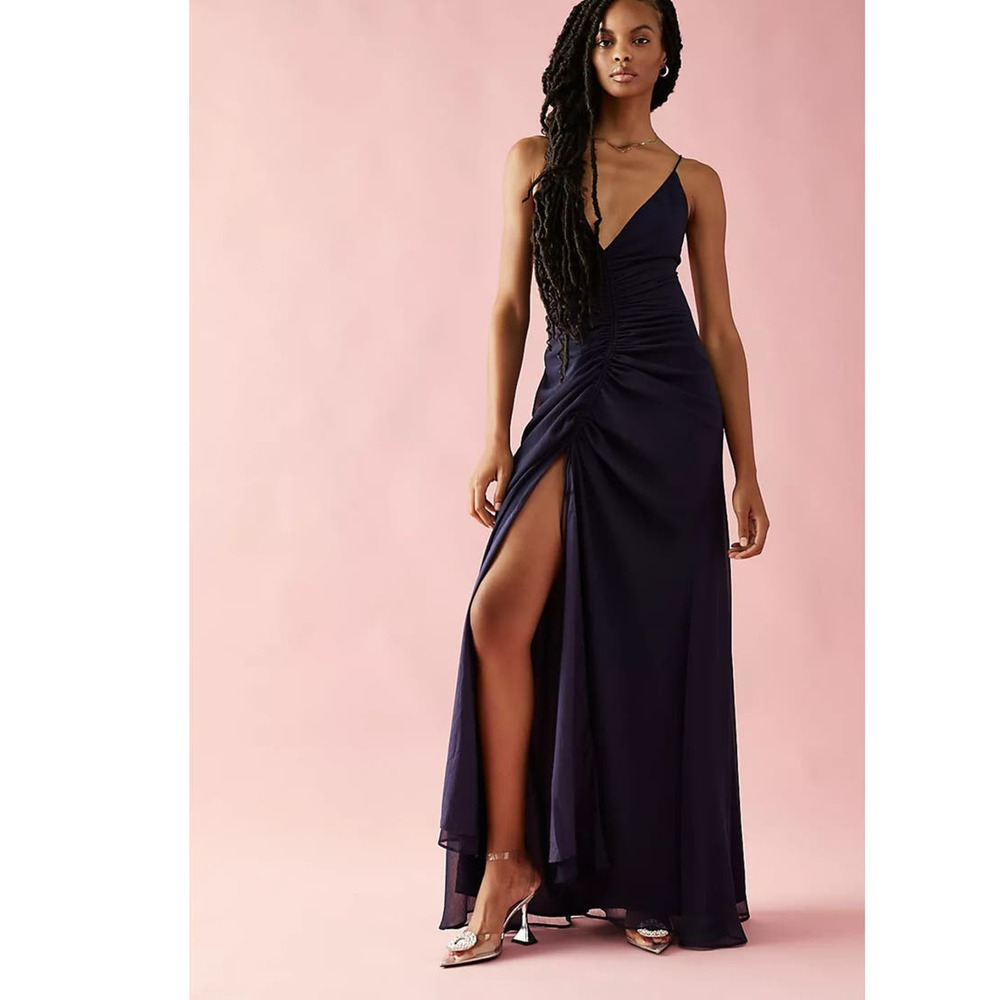 New Free People Simone Maxi Dress $250 SIZE 0 Navy V-neck Adjustable Lace-up
